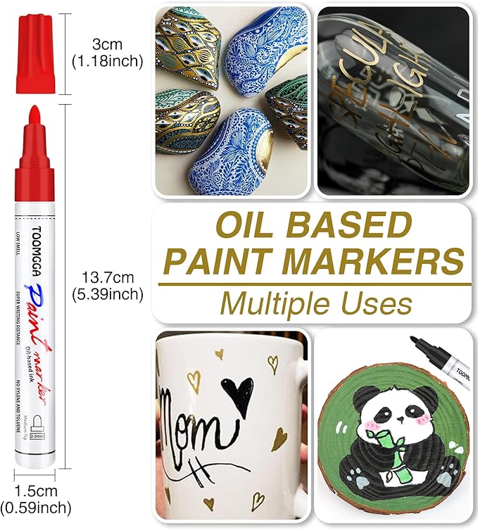 Paint Pens Paint Markers Red - 6 Pack Permanent Markers Oil Based for Metal Wood, Pens for Metal, Car Tyre,Plastic, Ceramic, Plastic, Canvas, Rock Painting, Glass, Craft Supplies