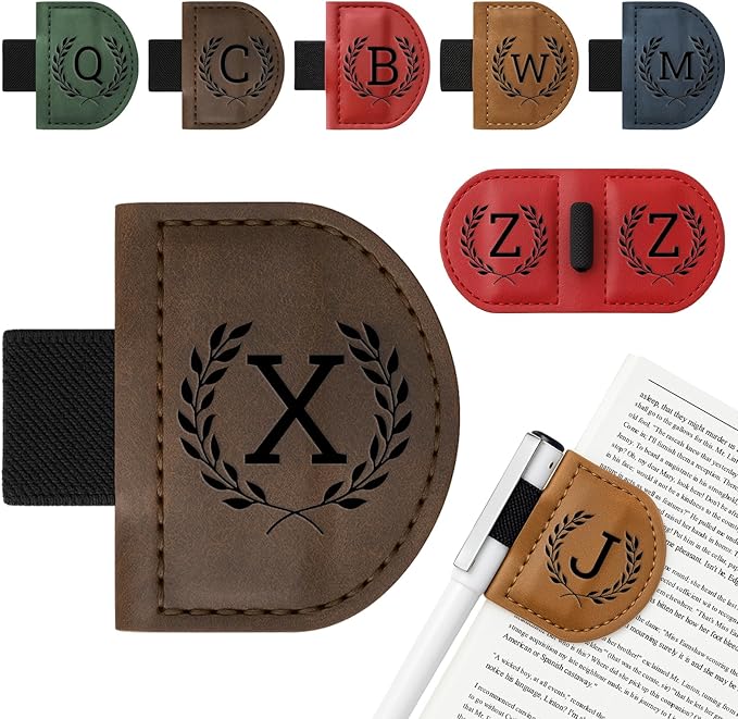 Personalized Bygone Mark Bookmark with Pen Holder,Engraving Leather Magnetic Bookmarks Vintage 26 Letters Name Initials Text Book Marker Clips Gifts for Reading Book Lovers Women (Coffee, X)