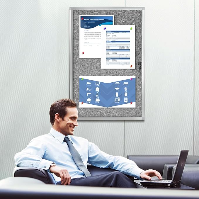 Enclosed Bulletin Board,Outdoor Weatherproof, Display Case Message Board with Acrylic Locking Door, Felt Grey,Aluminum Frame,36x24 Inch (5xA4)