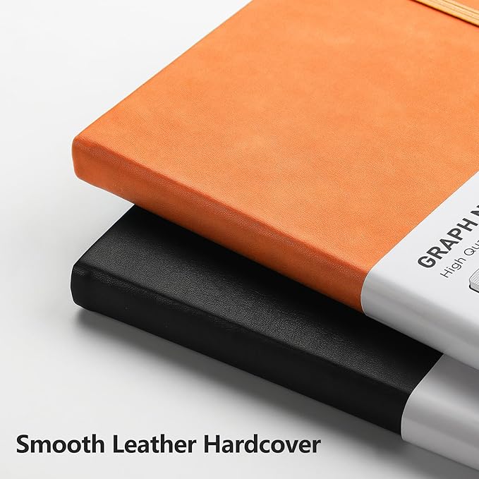 RETTACY Graph Grid Paper Notebook, 192 Pages, A5 Medium Size (5.7'' x 8.3''), 5 Squares per Inch, Leather Hardcover, 100 GSM Thick Paper, for School, Students, Math, Engineering (Orange)