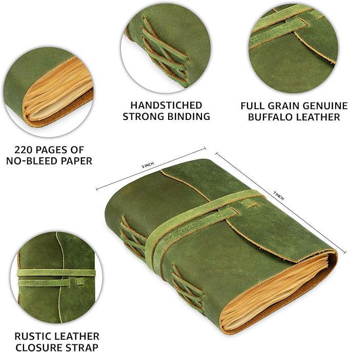 LEATHER VILLAGE Leather Bound Journal - Green, 7"X5", 220 Pages - Vintage Blank Paper Diary for Writing, Drawing, Sketchbook, and Travel Notebook - Ideal for Women and Men
