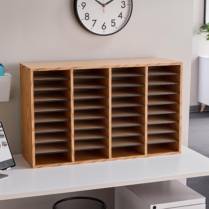 Safco Literature Organizer, 36 Compartments, Office and Classroom Mailbox with Adjustable Shelves, Wood Paper and Mail Sorter, Medium Oak