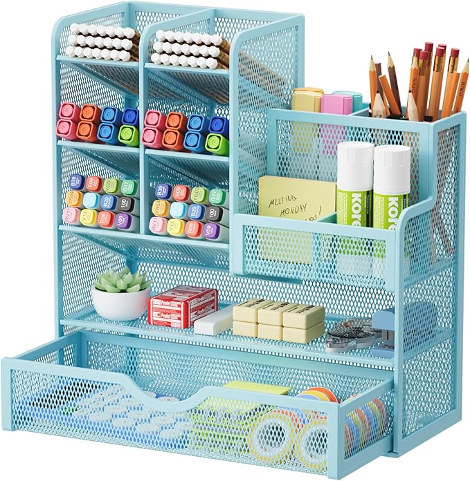 Marbrasse Mesh Pen Holder for Desk, Multi-Functional Pencil Organizer with Drawer, Desk Organizers and Accessories for Office Art Supplies (Blue)