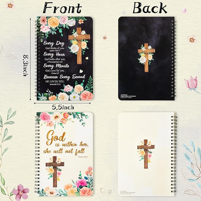 2Pack A5 Floral Cross Religious Spiral Notebooks, She Will Not Fall Bible Verse Ruled Hardbound Journal Writing Hardcover Notebooks Christian Christmas Gift Sunday School Office Supplies