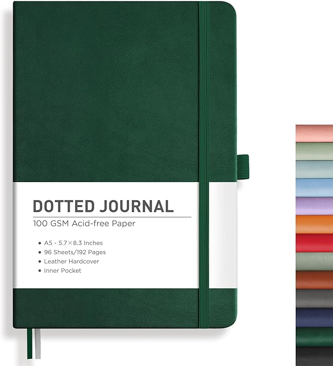 RETTACY Bullet Dotted Journal Notebook, 192 Pages, A5 Medium Size (5.7'' x 8.3''), Leather Hardcover, 100 GSM Thick Paper, for Bullet Journaling, Planning, Tracking (Dark Green)