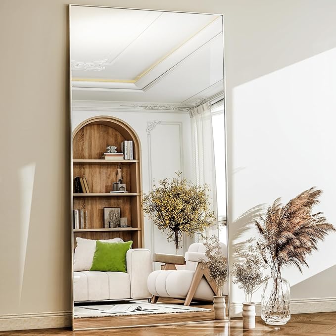 GLSLAND 76"x34" Full Length Mirror Extra Large Hanging or Leaning Rectangle Mirror Aluminum Alloy Thin Frame Bedroom Floor Dressing,Silver