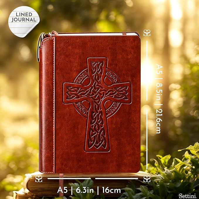 SETTINI® Lined Journal - Celtic Cross Journal for Writing Gift Set - Hardcover Vegan Leather, Includes Luxury Pen in a Unique Pen Holder, 192 Pages, 6 x 8.5 inches, Bible Journal, Birthday Gift