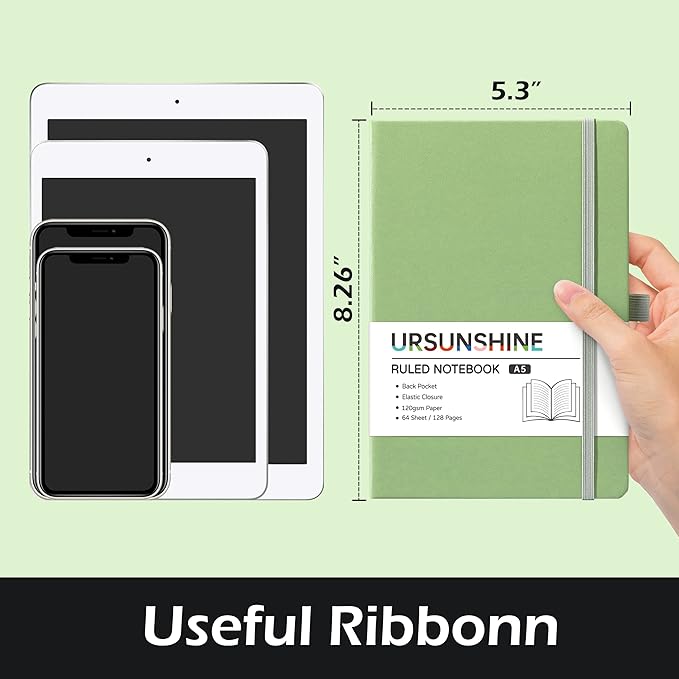 Ruled Notebook/Journal - Classic Lined Journal/Notebook, 5.3'' x 8.26'', Hardcover with Thick Paper, Banded + Pen Holder +Inner Pocket - Light Green
