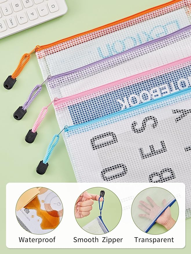 JARLINK 30 Pack 10 Colors Zipper Mesh Document Pouch, 6x9 Inch/A5, Plastic Water-Resistant File Bags, for School Office Supplies, Cosmetics Travel Storage, Assorted Color