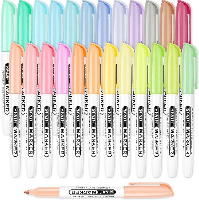 SFAIH 24 Pastel Permanent Markers - Assorted Dreamy Colors, Quick Drying, Fade Resistant, Fine Point Permanent Markers for Paper, Scrapbook, Coloring Book, Poster, School, Home, Art Painting, Drawing