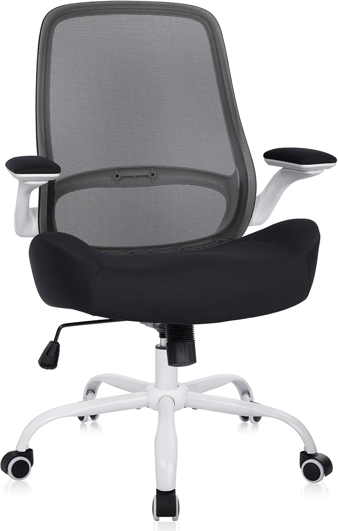 HYLONE Heavy Duty Office Chair, 5" Thickened Seat Ergonomic Desk Chair with Adjustable Armrests, Home Office Computer Chairs for Long Hours Mesh Executive Chair(White Base & Black)