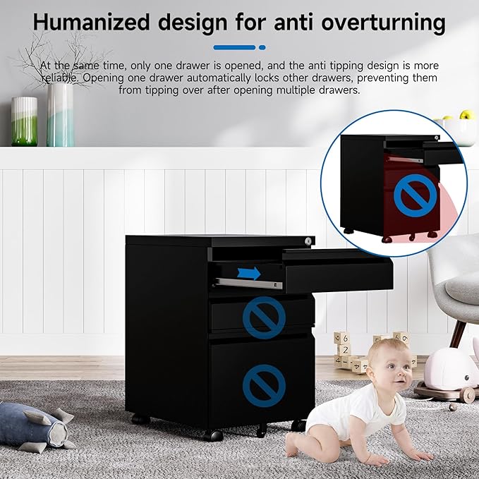 3 Drawers File Cabinet with Lock Metal Vertical File Cabient with Wheels Mobile File Cabinet for Office Home,Fully Assembled