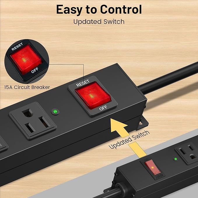 KF 6 Outlet Metal Wall Mount Power Strip, 2100J Surge Protection Heavy Duty Power Strip, 15A/1875W Mountable Power Strips with Upgraded Switch, 14AWG 10FT Power Cord, Black