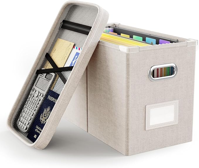 Oterri File Organizer Box with Lid, Hanging Filing File Box with Mesh Pocket, Document Organizer Box for Letter Files, Portable Storage Box with Smooth Sliding Rail for Office&Home (1 PCS, Beige)