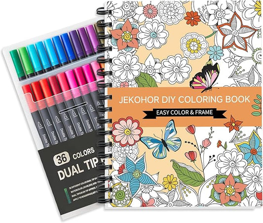 Adult Coloring Book Set,Spiral Bound Coloring Book for Adults Relaxation with 36 Colors Markers, Anxiety Relief Gifts with 30 Patterns Included Mandala Animal Flowers