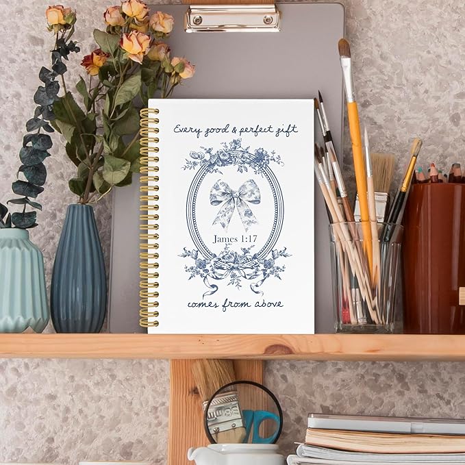 Chinoiserie Bow Christian Spiral Notebook, Vintage Blue and White Porcelain Floral Bible Journaling Notebooks for School, Preppy Girly Hardcover Journals for Women, 160 Pages 5.5 x 8.3 Inch
