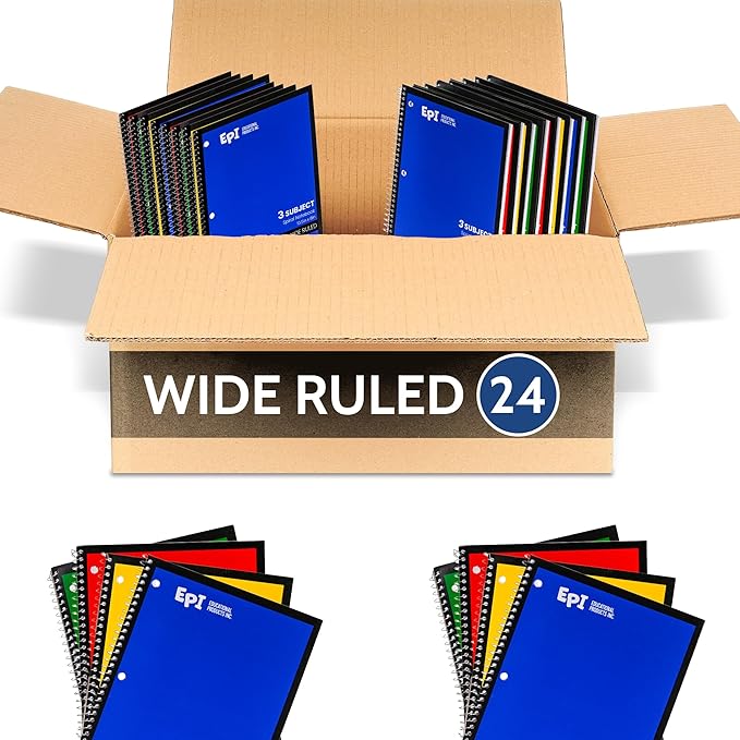 EPI Spiral Notebook | 3 Subject - Wide Ruled - 120 Sheets, Durable Spiral Binding | 10.5 x 8 in | Classroom Supplies | School, Office, Note Taking, Journaling - 24 Pack