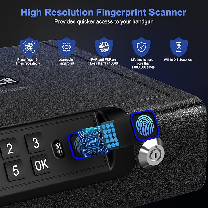 Gun Safe,Biometric Gun Safe for Pistols 3-Ways unlock Fingerprint Digital PIN Key Unlock with Voice, Lock box for Cloakroom living room Bedroom Nightstand and Car BILLCONCH