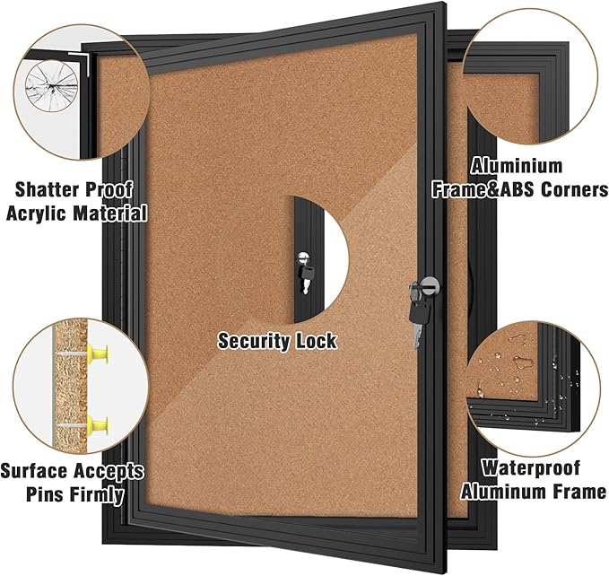26"x20" Enclosed Bulletin Board, Outdoor Lockable Weather-Resistant Aluminum Cork Noticeboard for School & Office, Silver Frame w/Black Flet