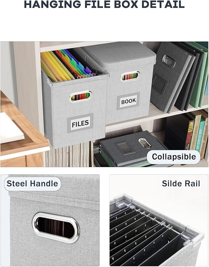 Oterri File Organizer Box with Lid, Hanging Filing File Box with Mesh Pocket, Document Organizer Box for Letter Files, Portable Storage Box with Smooth Sliding Rail for Office&Home (2 PCS, Light grey)