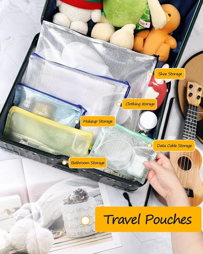 SUNEE Plastic Mesh Zipper Pouch 10x14 in (6 Colors, 12 Packs),Extra Large Water-Resistant Zip Bag for School Office Supplies, Puzzles & Games Organizing Storage