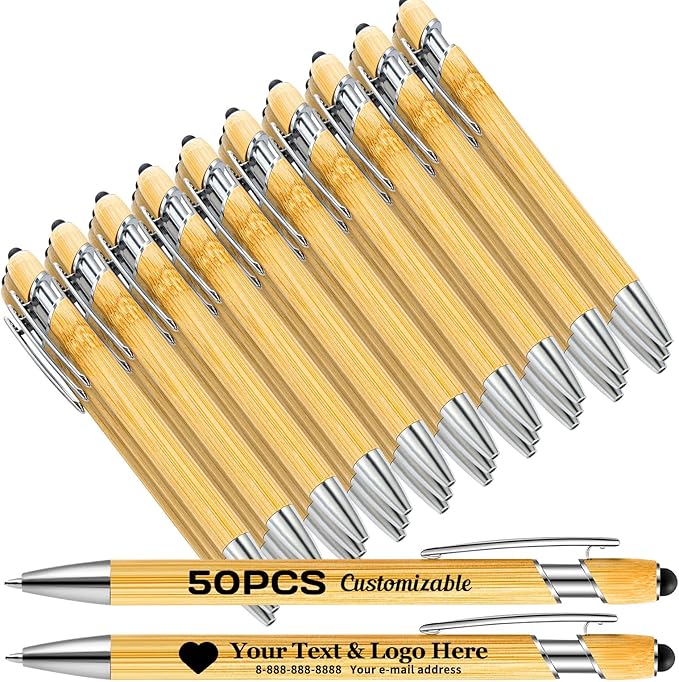 Personalized Pen Customizable Bamboo Pen with Stylus -Custom Text Logo Name Ballpoint Pens with Black Ink-Personalized Gift Ideas for School Office Business Home(50 Count/Pack)