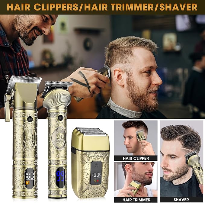 RESUXI Professional Hair Clippers for Men Electric Razor Shavers Nose Hair Trimmer and Detail Trimmer 5 Pcs Set，Cordless Beard Trimmer Barber Clippers for Hair Cutting Mens Grooming Kit
