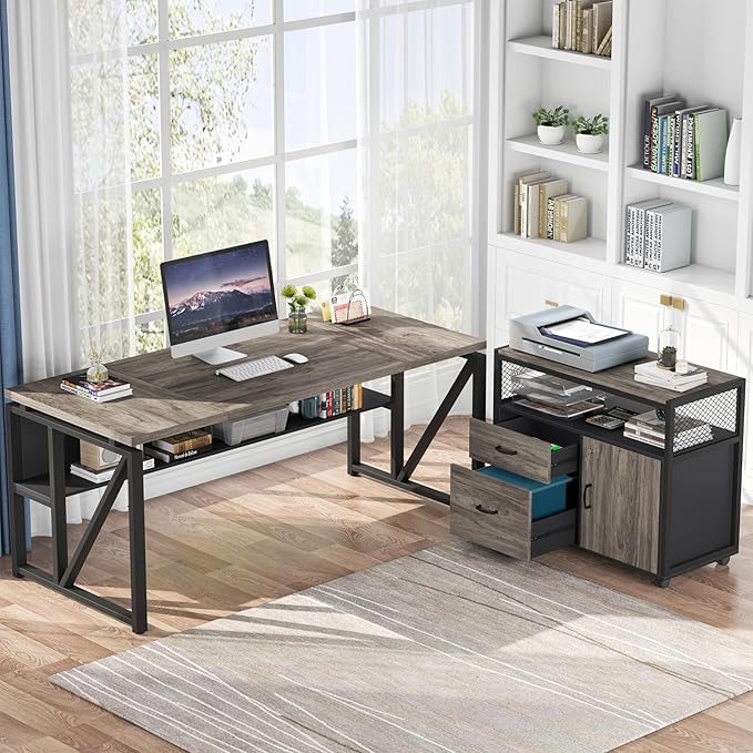 Tribesigns L Shaped Desk with Drawer Cabinet, 63" Executive Computer Desk and lateral File Cabinet, 2 Piece Home Office Furniture with Drawers for Hanging File, Doors with Locks (Gray, 63 inches)