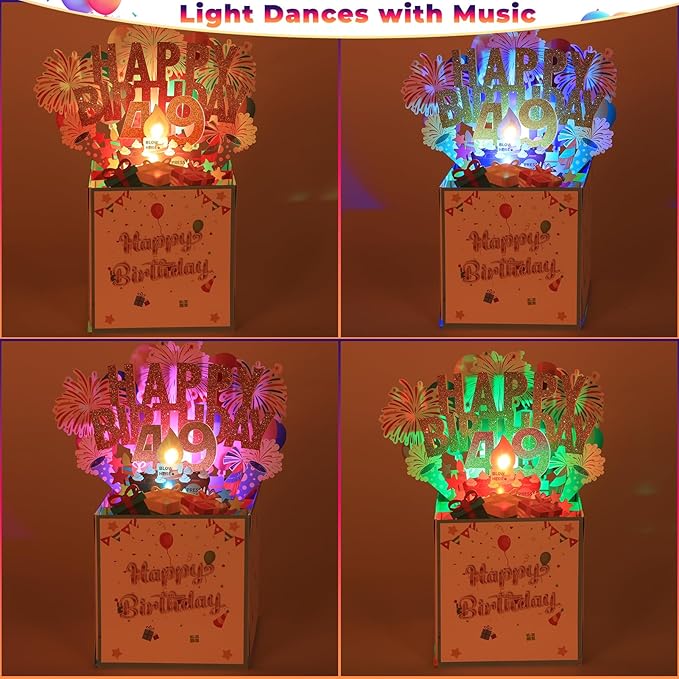 Tnvee 49TH Birthday Cards with Lights & Music & Candle, 3D Large Pop Up Happy Birthday Cards for Women Man Greeting Cards Decorations for 49 Years Old Mom Dad Wife Husband Friend