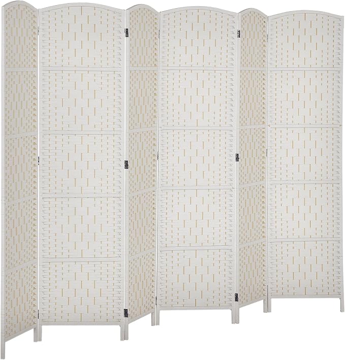 HOMCOM Room Divider, 6 Panel Folding Privacy Screen, 6FT Tall Portable Wicker Weave Partition Wall Divider for Bedroom, Home Office, White