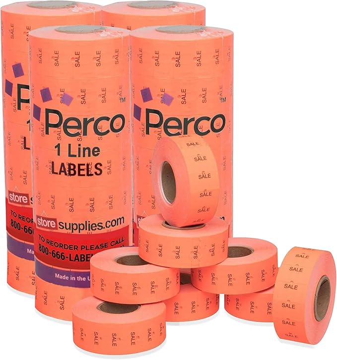 Perco Sale Labels for Perco 1 Line Labeler Gun, Fluorescent Red - 4 Sleeve, 32,000 Labels
