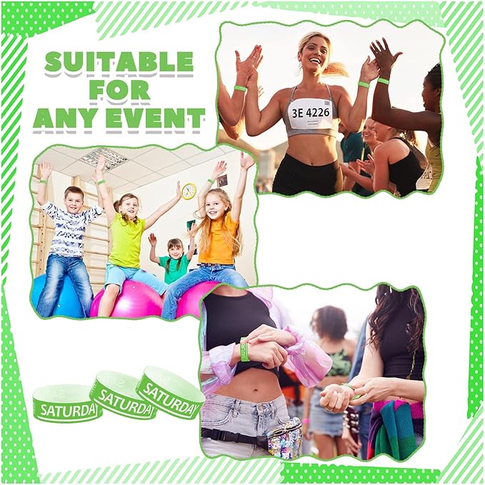 Henoyso 600 Pcs Saturday Paper Wristbands Event Wristbands Paper Bracelets Wristbands Numbered Waterproof Party Wristbands for Events Day of The Week(Green)