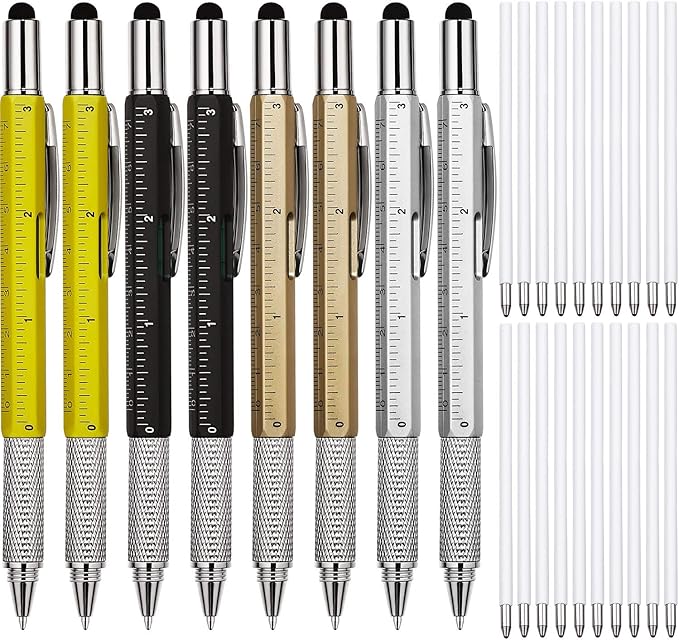 Zhanmai 8 Pcs Gift Pen for Men 6 in 1 Multitool Tool Pen with Refills Screwdriver, Ruler, Levelgauge,Fathers Christmas Graduation party Supplies(Gold, Black, Silver, Yellow)