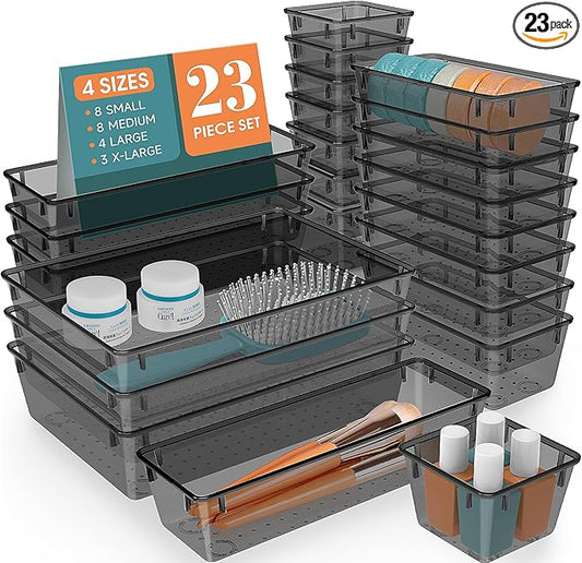 23 PCS Clear Plastic Drawer Organizers Set, 4 Size Desk Drawer Organizer Trays for Makeup, Jewelry, Kitchen Utensils, Gadgets and Office Accessories, Black