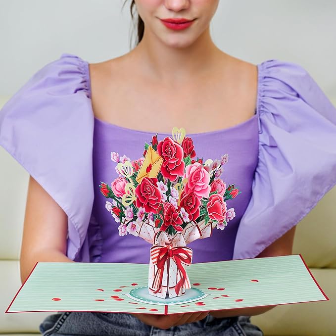 Paper Love 3D Lovely Bouquet Pop Up Flower Bouquet Card, With Detachable Popup Keepsake, Gift for Birthday, All Occasions - Oversized 10" x 7" Cover - Includes Envelope and Note Tag