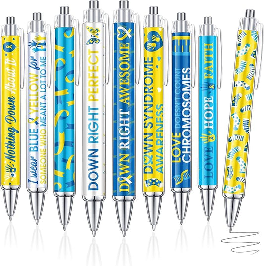 48 Pcs Down Syndrome Awareness Pens Blue Yellow Ribbon Awareness Ballpoint Pens Bulk Faith Courage Hope Strength Health Awareness Favor Gifts for Teen Social Charity Event