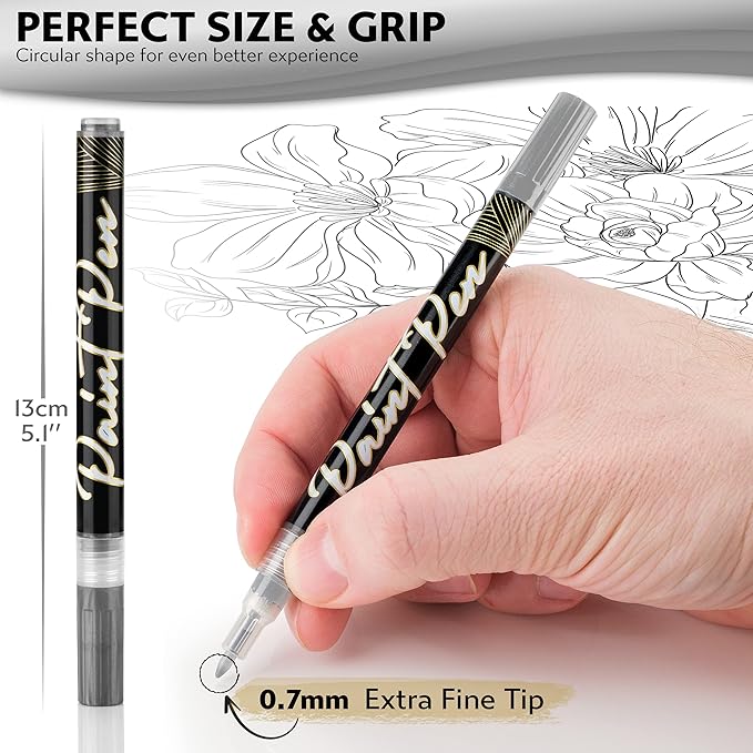 Stylo 8 Count Acrylic Metallic Pens - Silver Paint Pens - Fine Tip Permanent Acrylic Metallic Paint Markers for Rock Painting, Glass, Wood, Ideal for Arts and Crafts (Pack of 8, Silver)