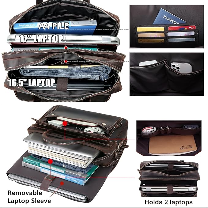 Masa Kawa Leather Briefcase for Men 15.6" - 17" Laptop Computer Case Business Travel Work Messenger Cross Body Shoulder Bag