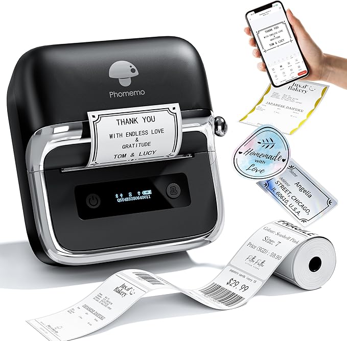 Phomemo M250 3 Inch Label Maker Machine with Tape, 2025 Upgrade Portable Barcode Label Printer for Business, Home, Logo Label, Thermal Address Label Maker with 100 Labels, 40x30mm