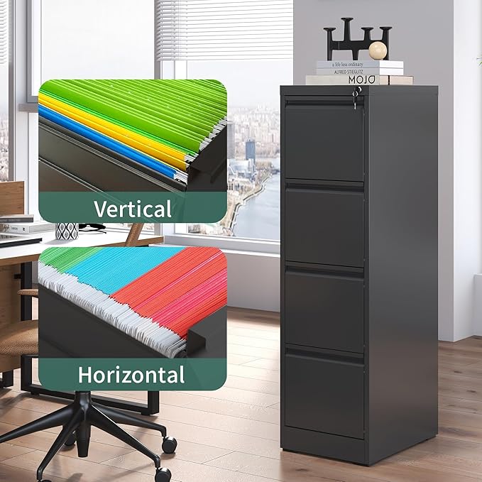 4 Drawer File Cabinet with Lock,Metal Vertical Filing Cabinets for Home Office,Heavy Duty File Storage Cabinet for Letter/Legal/A4/F4 Size File,Assembly Require (Black, Vertical 4 Drawer)