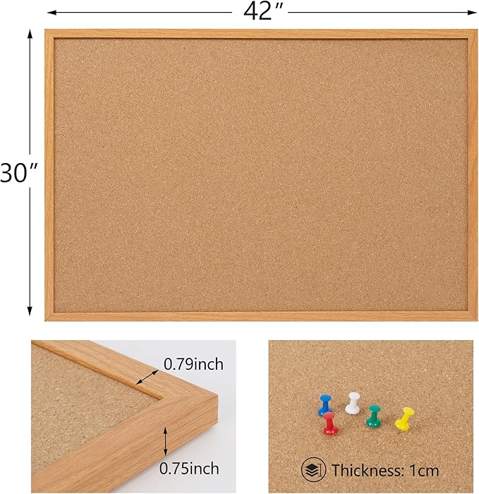Board2by Cork Board Bulletin Board 30 x 42, Oak Framed 4x3 Corkboard, Office Board for Wall Decor, Large Wall Mounted Notice Pin Board with 15 Push Pins for School, Home & Office