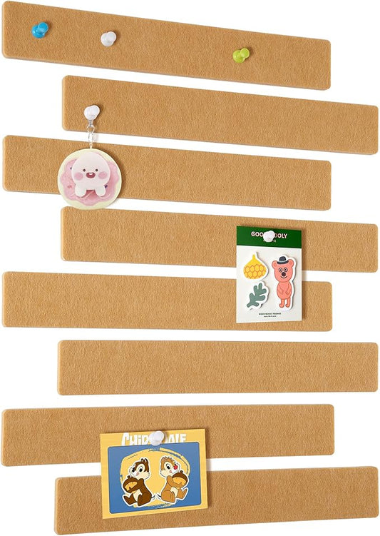Cork Board for Walls - 8 Pack Felt Pin Board Bar Strips - Self-Adhesive Lightweight Bulletin Board - Cork Board for Office with 40 Push Pins No Damage for Wall