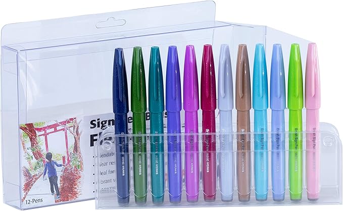 Pentel Arts Sign Pen Brush Tip, Assorted Colors, 12 Pack Box (SES15C2PC12)