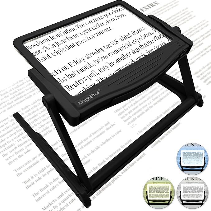 MAGNIPROS Patented 5X Large LED Page Magnifier with Detachable Hands-Free Stand, 3 Color Light Modes, Anti-Glare Lens for Eye Strain Relief – Perfect for Reading, Crafting, Low Vision & Seniors