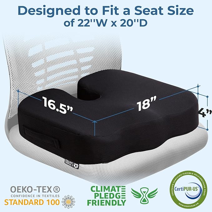 5 STARS UNITED Seat Cushion for Tailbone Pain Relief – Large Memory Foam Lifting Pillow for Coccyx, Hip, Sciatica & Post-Surgery Recovery – Wheelchair, Car, Desk, Gaming & Office Chairs, Black