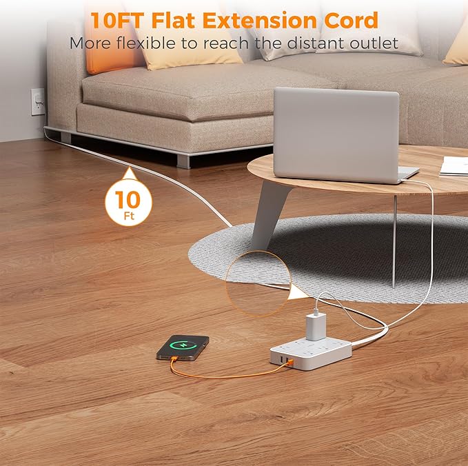 TESSAN Flat Extension Cord 10 FT with Flat Plug Power Strip, Small Extension Cord with 6 AC Outlet 1 USB C and 2 USB A, 1080J Surge Protector Power Strip, Wall Mount for Dorm Room Office Home