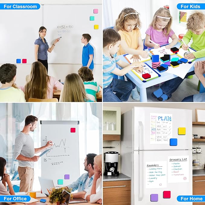 Cube Dry Erase Erasers, 96 Packs Mini Magnetic Whiteboard Dry Erasers in 6 Colors, Chalkboard Cleaner Wiper for Classroom, School, Home, and Office Supplies