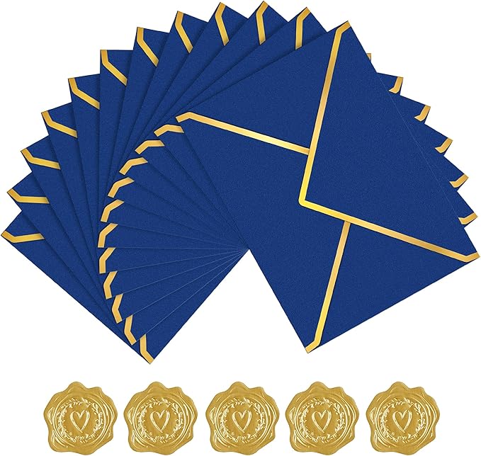 60 Pack Gold Envelopes 5x7 Royal Blue, 250G Pearled Cardstock A7 Envelopes for Invitations Business Mailing Envelope with Gold Foil Border, A6 4x6 Envelopes for Wedding Baby Shower Cards