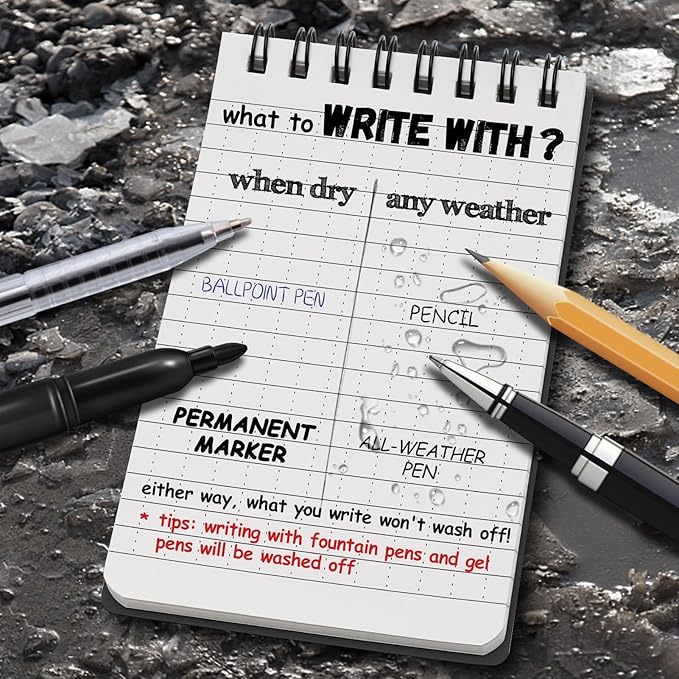 POPYOLA 6 Pack Waterproof Pocket Notebook, 3x5 Pocket Notepad, All Weather Mini Spiral Notepad, Write in the Rain Police Notepad with 100 Squared Pages for Outdoor Home Office School, Black