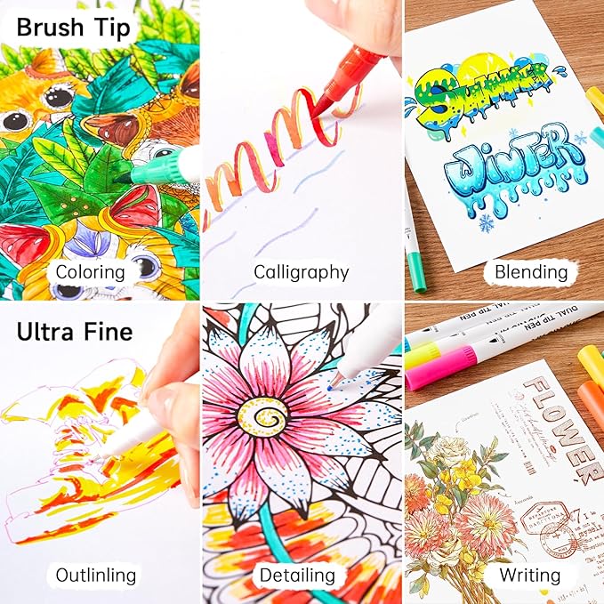 Shuttle Art Dual Brush Marker Pens, 56 Colors Water-based Ink, Dual Tip Calligraphy Pens Fineliner and Brush Tip perfect for Kids Adult Artist, Hand Lettering, Journal, Doodling, Writing